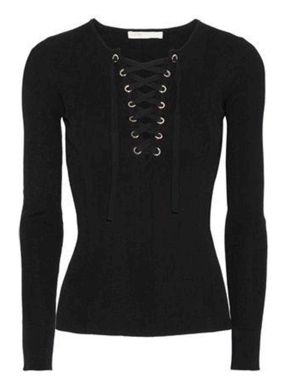 Maje Black Lace-Up Ribbed Long Sleeve Top - Picture 1 of 5